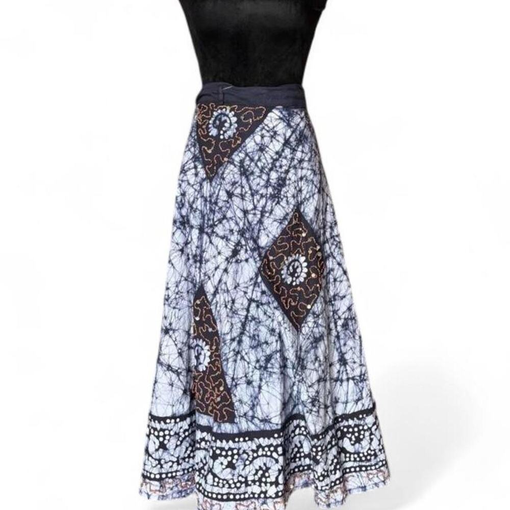 True Vintage Batik Wrap Black Midi Skirt – Boho Festival one size